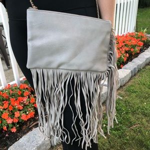 NEW faux leather grey fringe clutch or crossbody